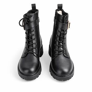 JustFab Dallyn Black Combat Boots Women’s Size 8 Lug Sole Buckle Lace-Up New